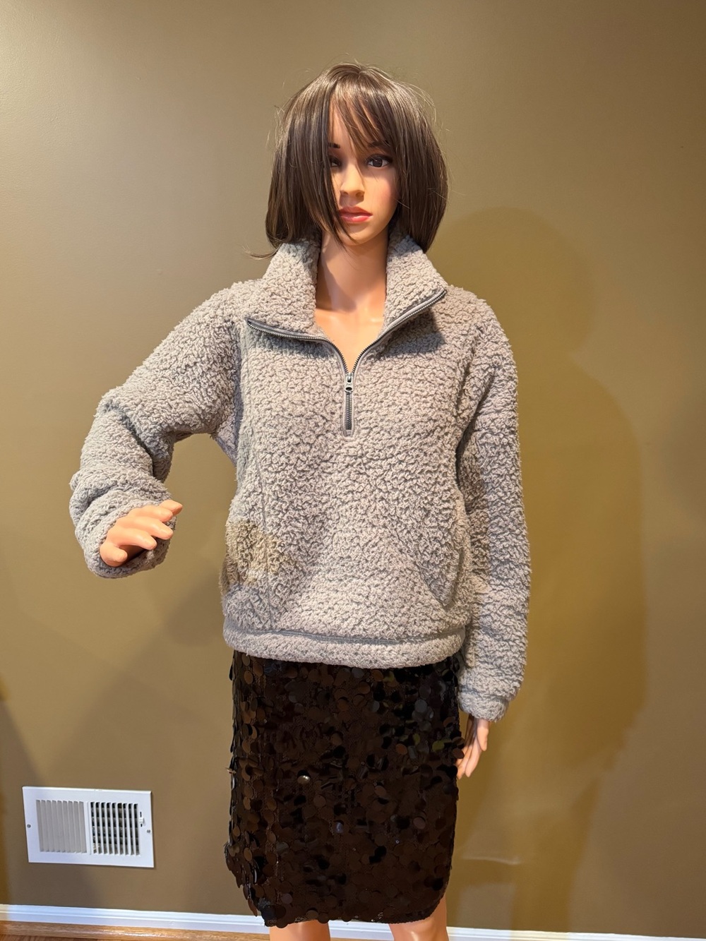 Abercrombie & Fitch Gray Sherpa Quarter-Zip Teddy Pullover